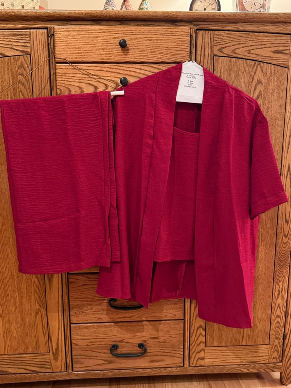 Wine Red Three-Piece Matching Set - Short Sleeve Jacket, Trousers, and tank Top.